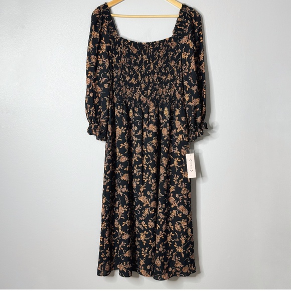 NWT Nanette Lepore Midi Dress Black Orange On/ Off Shoulder Shirred Bodice Sz 16 - Picture 1 of 15